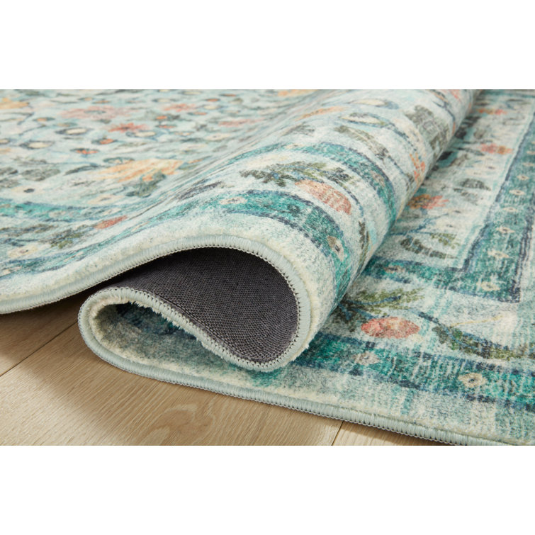 Sage Blue Floral Synthetic Rectangular Area Rug 3'-6" x 5'-6"