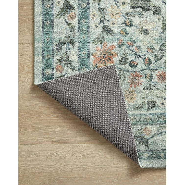 Sage Blue Floral Synthetic Rectangular Area Rug 3'-6" x 5'-6"
