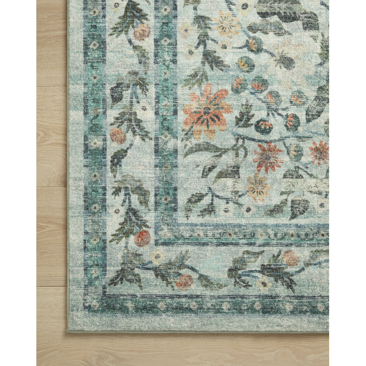 Sage Blue Floral Synthetic Rectangular Area Rug 3'-6" x 5'-6"
