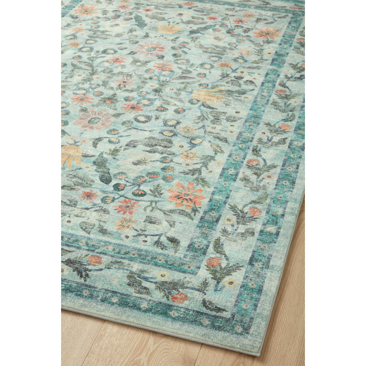 Sage Blue Floral Synthetic Rectangular Area Rug 3'-6" x 5'-6"