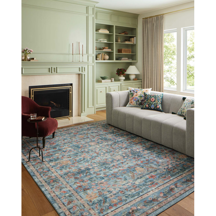 Courtyard Blue Floral Oval Synthetic Accent Rug