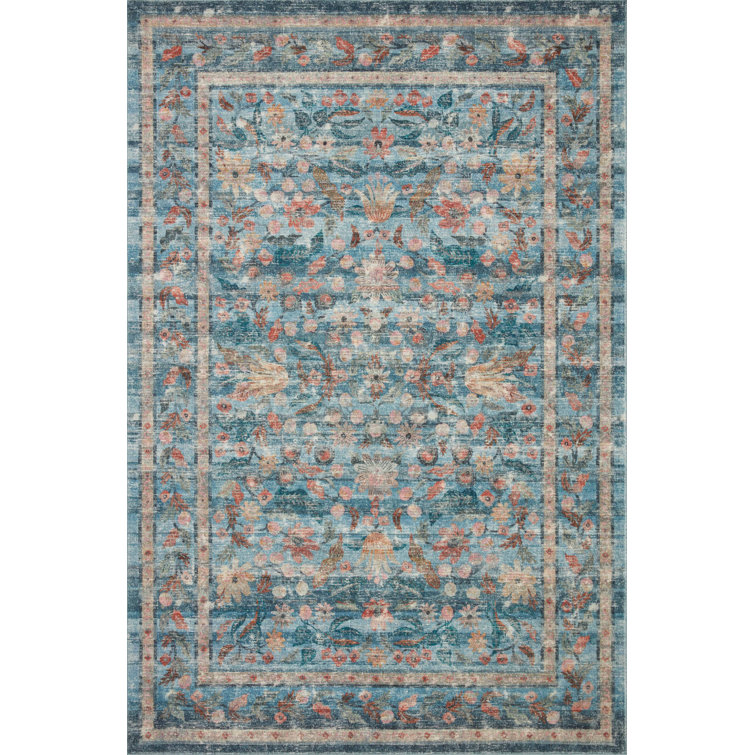 Courtyard Blue Floral Oval Synthetic Accent Rug