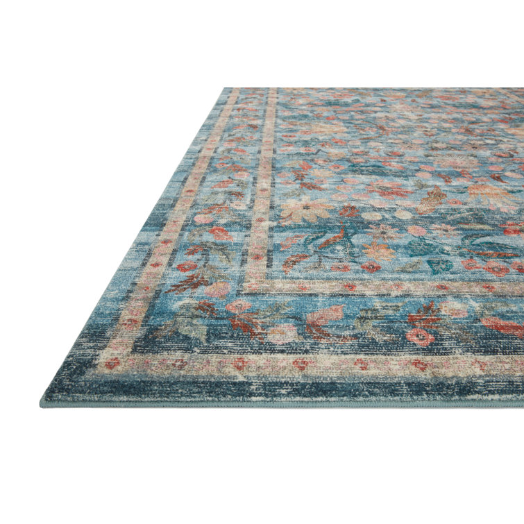 Courtyard Blue Floral Oval Synthetic Accent Rug