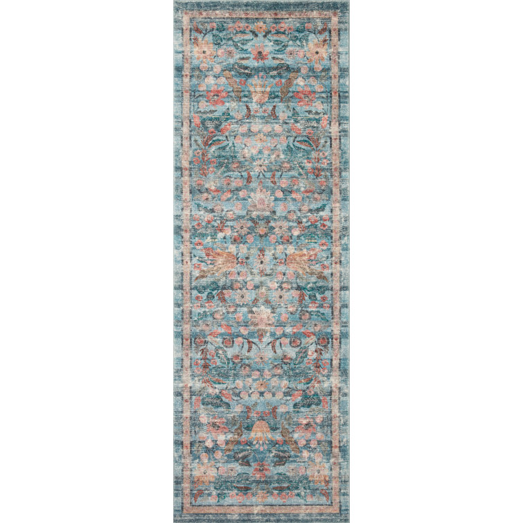 Courtyard Blue Floral Oval Synthetic Accent Rug