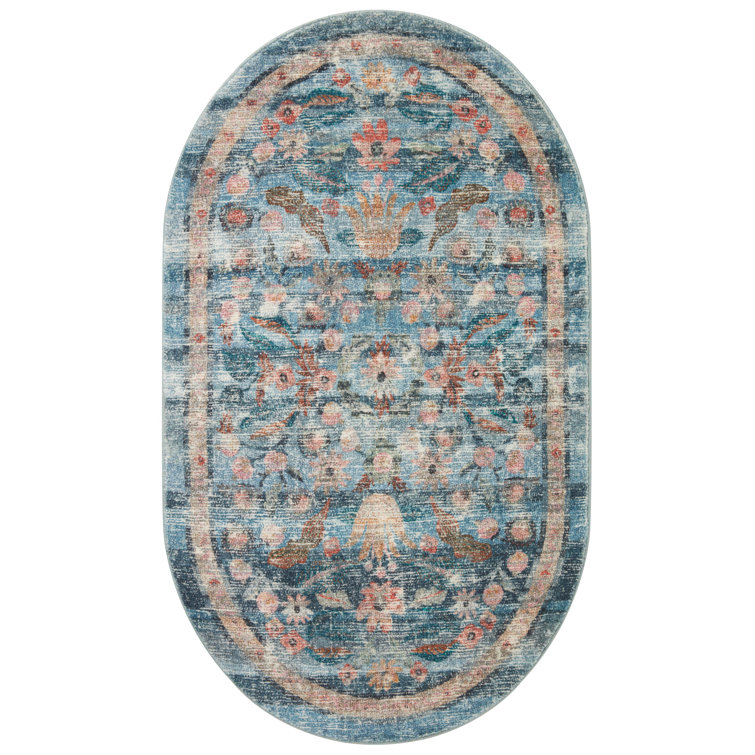 Courtyard Blue Floral Oval Synthetic Accent Rug