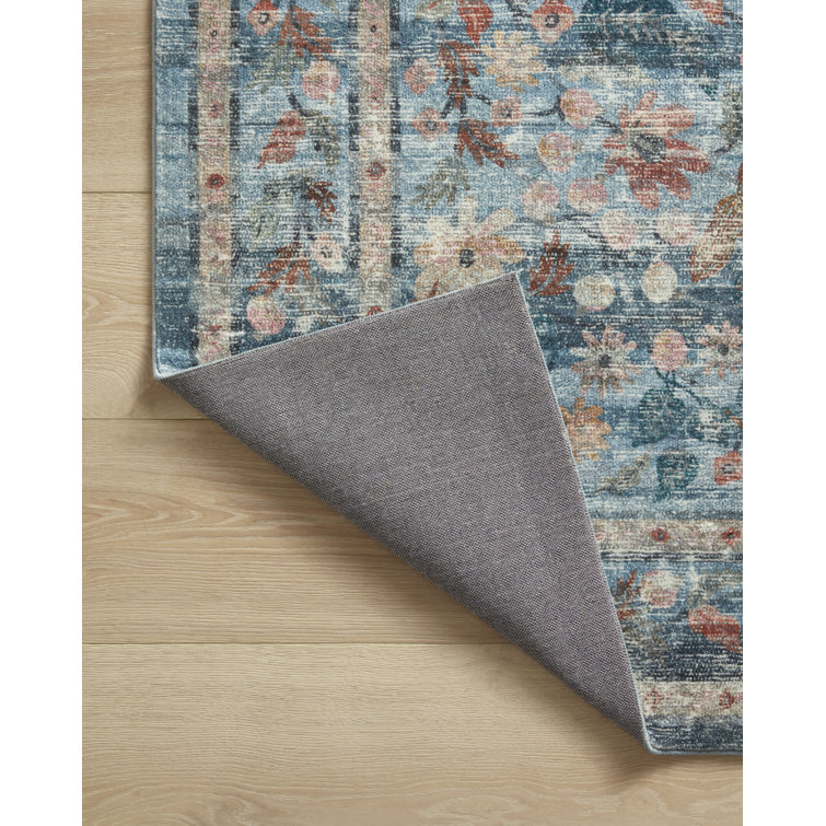 Courtyard Blue Floral Oval Synthetic Accent Rug