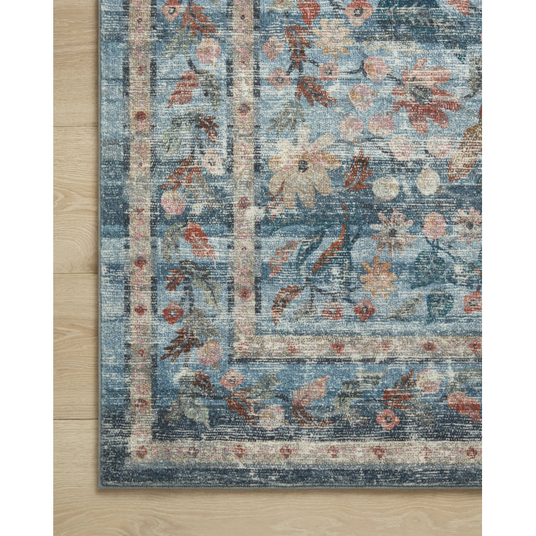 Courtyard Blue Floral Oval Synthetic Accent Rug