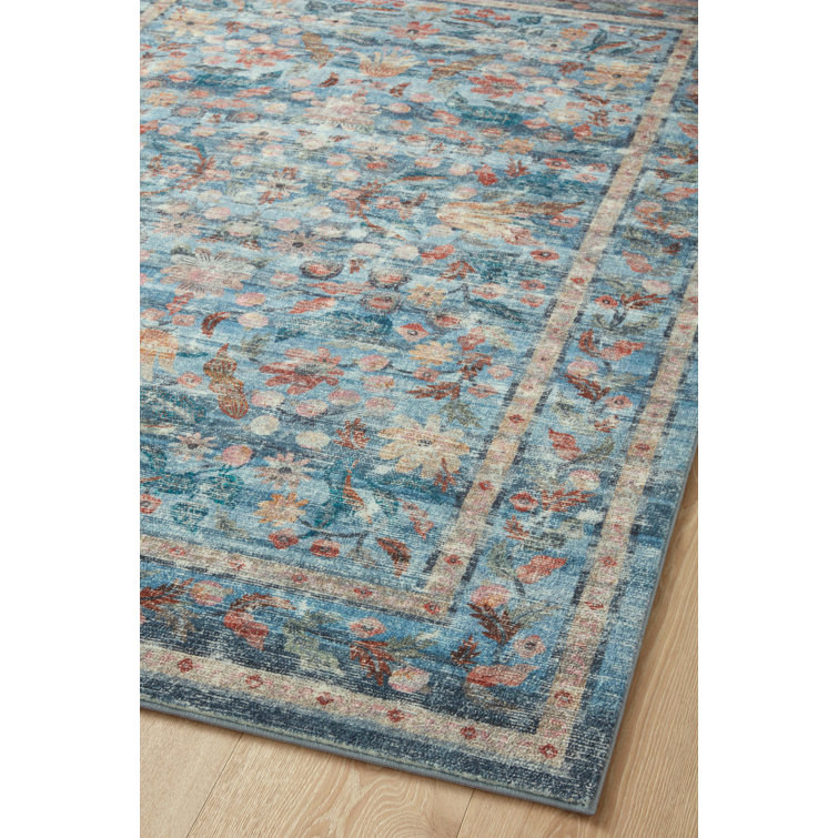 Courtyard Blue Floral Oval Synthetic Accent Rug