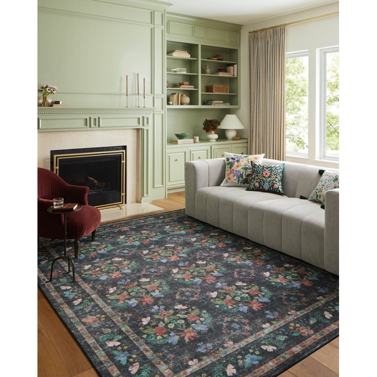 Charcoal Blue Floral Synthetic Runner Rug 2'-0" x 5'-0"