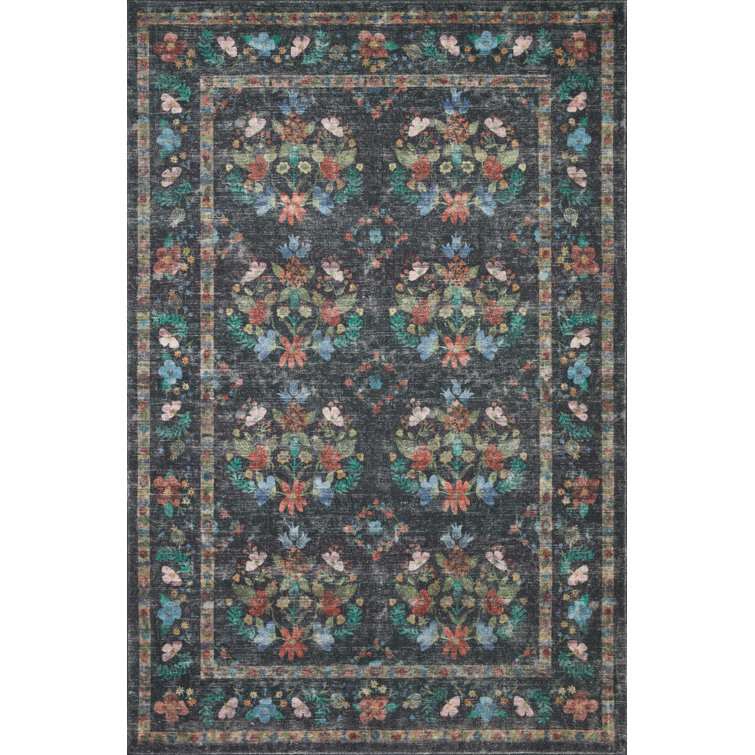 Charcoal Floral Synthetic Area Rug 8'-6" x 11'-6"