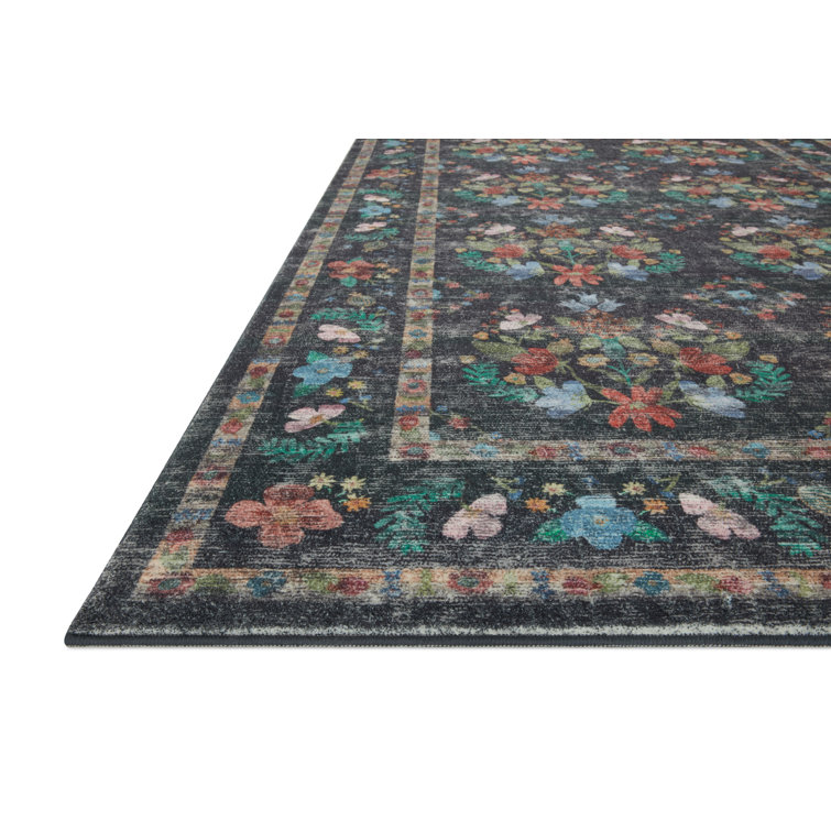 Charcoal Blue Floral Synthetic Runner Rug 2'-0" x 5'-0"