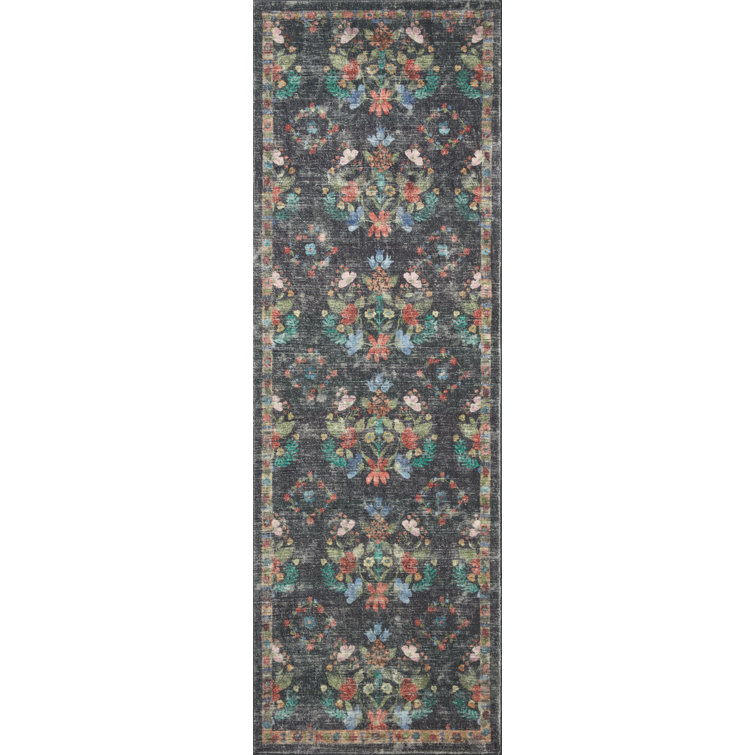Charcoal Blue Floral Synthetic Runner Rug 2'-0" x 5'-0"