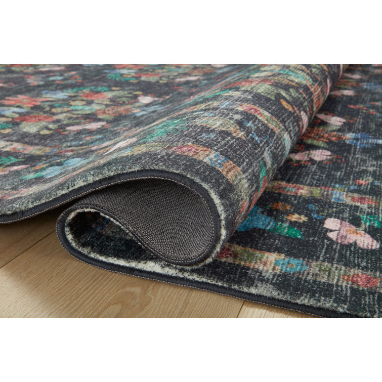 Charcoal Blue Floral Synthetic Runner Rug 2'-0" x 5'-0"