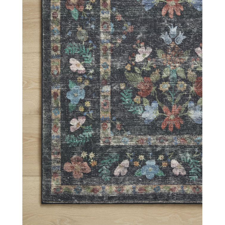 Charcoal Blue Floral Synthetic Runner Rug 2'-0" x 5'-0"