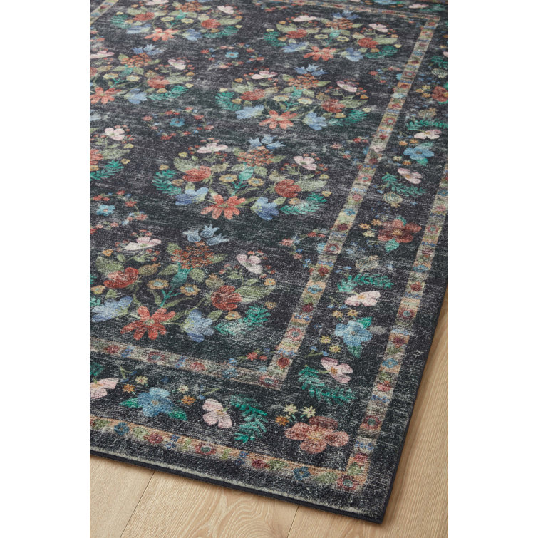 Charcoal Blue Floral Synthetic Runner Rug 2'-0" x 5'-0"