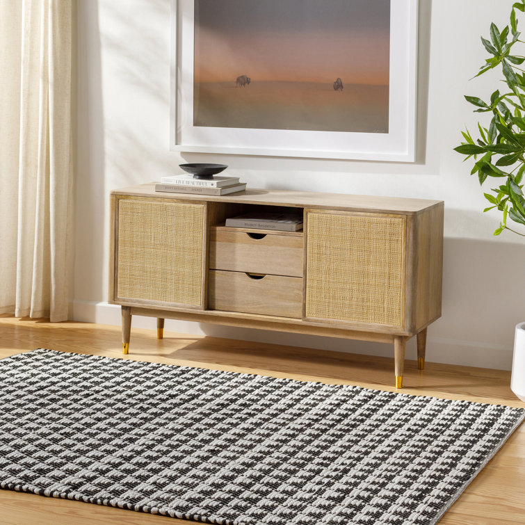 Black and White Handwoven Geometric Flatweave Rug, 5' x 7'