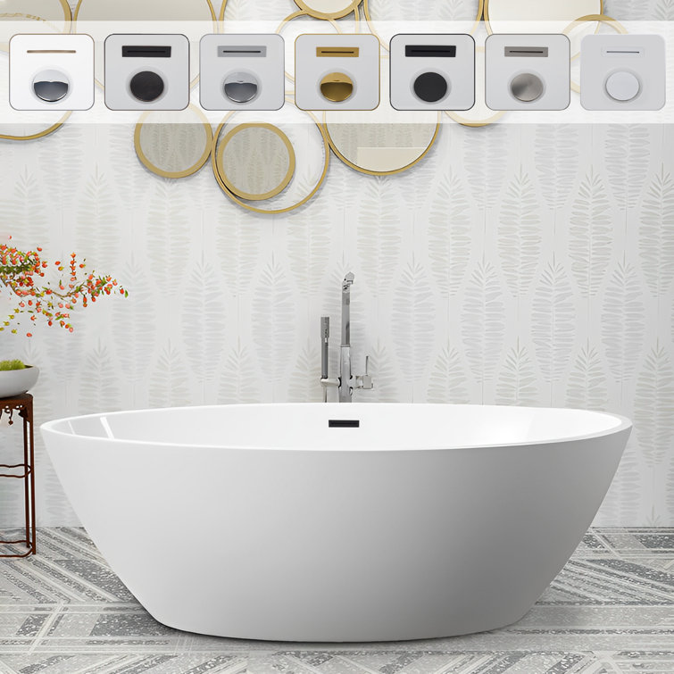White Glossy Acrylic Freestanding Soaking Bathtub, 55.1" Length