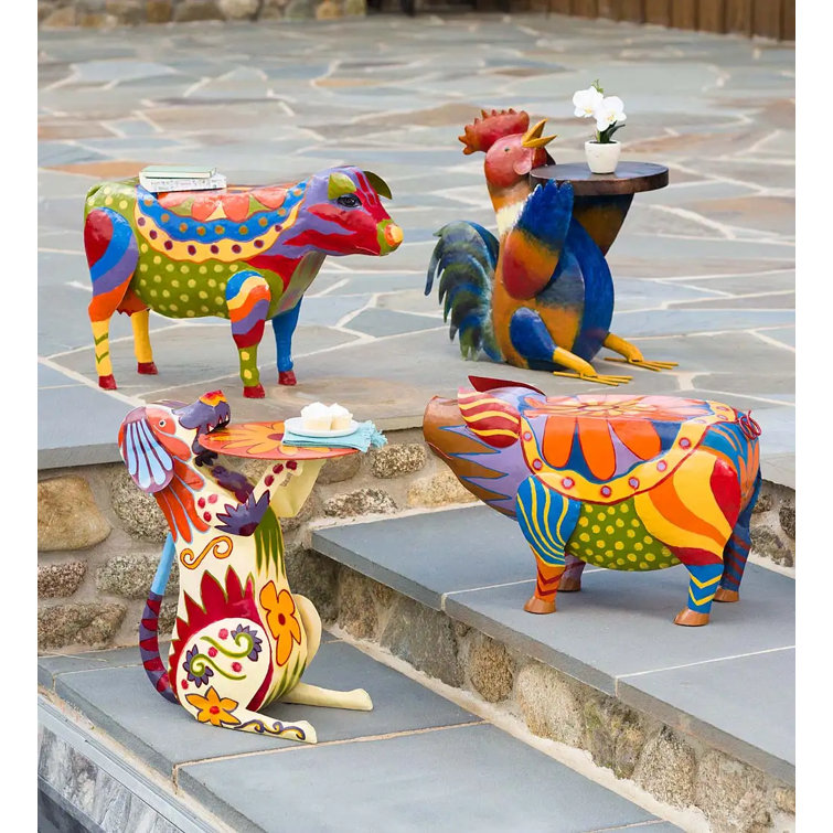 Colorful Folk Art Pig Metal Outdoor Side Table