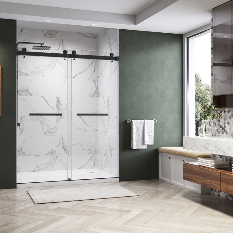 Matte Black Frameless Double Sliding Shower Door with Clear Glass
