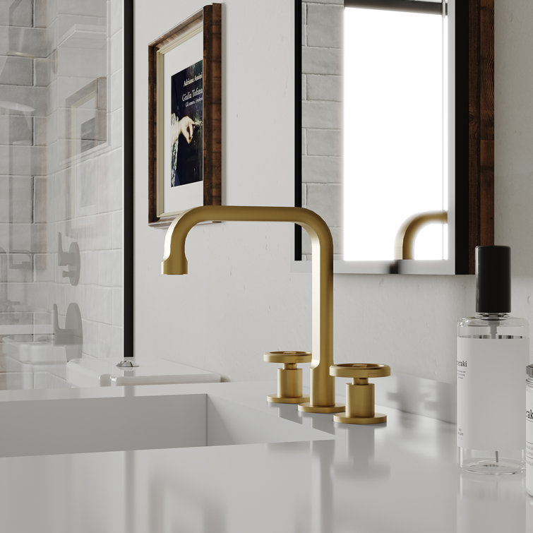 Brushed Gold Industrial Style Widespread Bathroom Faucet with Metal Drain