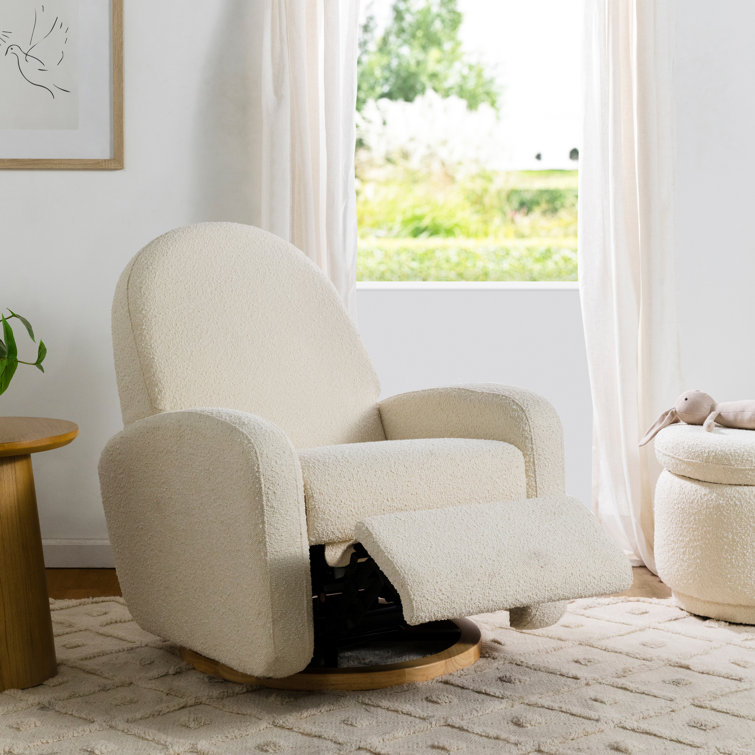 Ivory Boucle Swivel Recliner with Light Wood Base