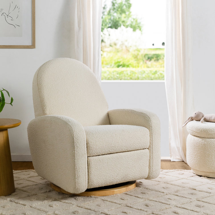 Ivory Boucle Swivel Recliner with Light Wood Base
