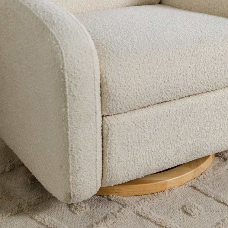 Ivory Boucle Swivel Recliner with Light Wood Base