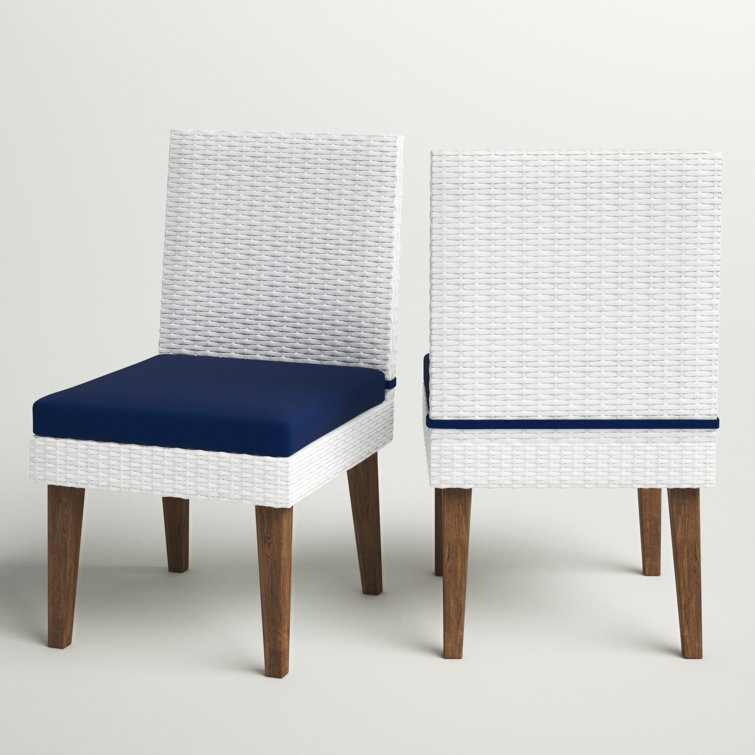 White Wicker Outdoor Dining Chairs with Navy Cushions, Set of 2