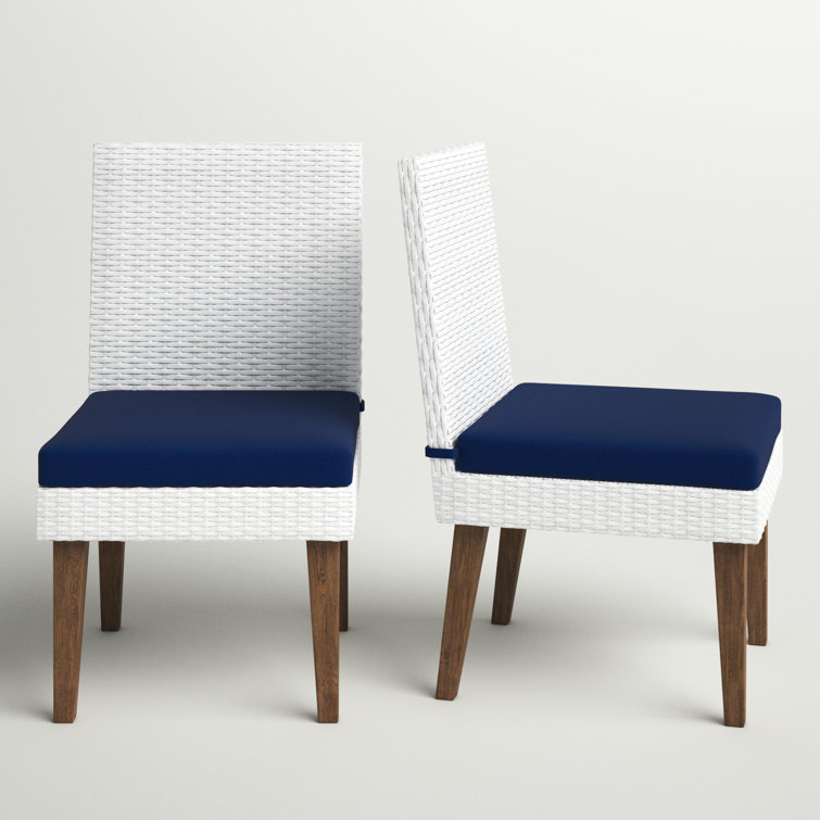 White Wicker Outdoor Dining Chairs with Navy Cushions, Set of 2