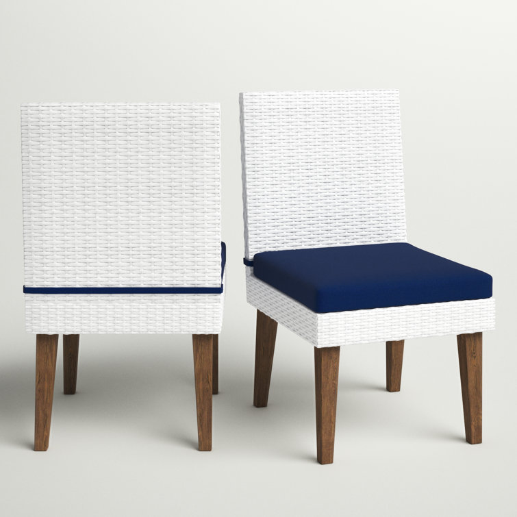 White Wicker Outdoor Dining Chairs with Navy Cushions, Set of 2