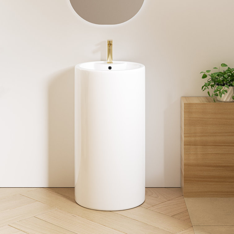 Crisp White Ceramic Round Pedestal Bathroom Sink with Overflow
