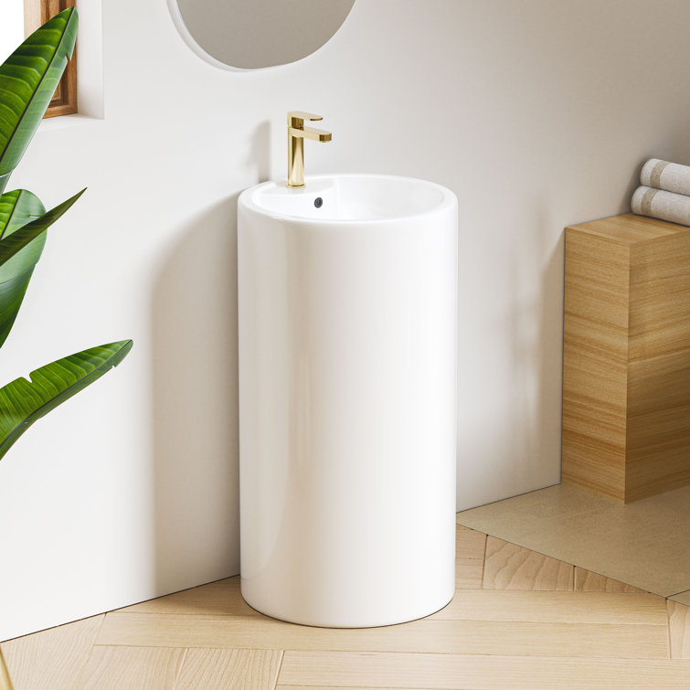 Crisp White Ceramic Round Pedestal Bathroom Sink with Overflow