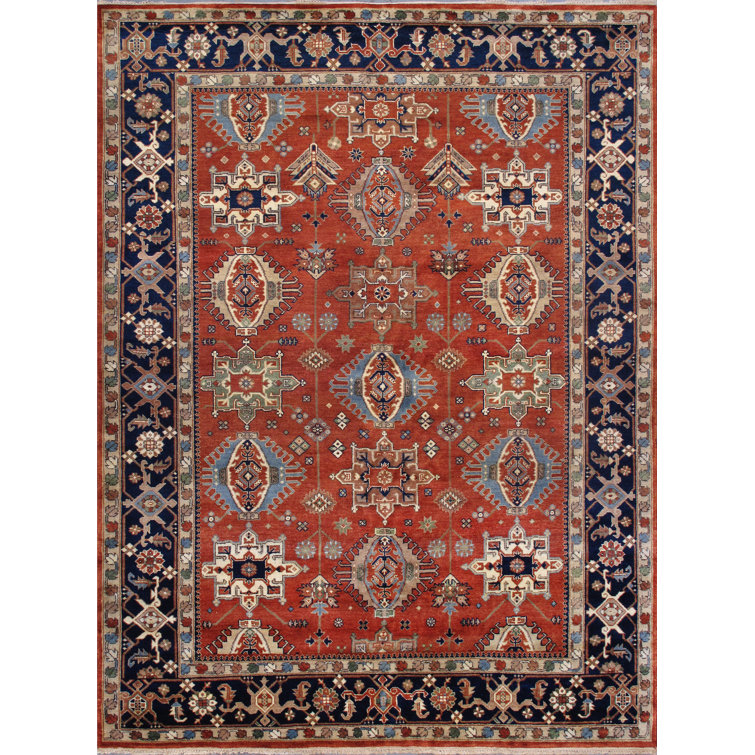 Rustic Elegance Hand-Knotted Wool Rug in Rust Orange/Navy, 9' x 12'