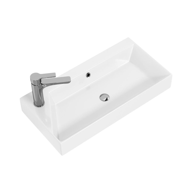 Glossy White Ceramic Rectangular Wall-Mount Bathroom Sink
