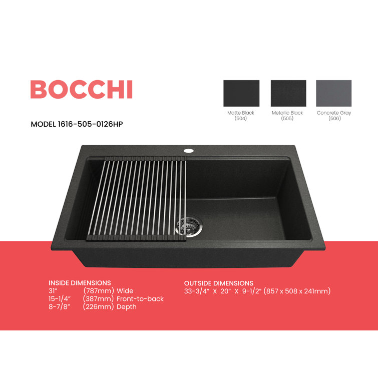 Baveno Lux 34" Metallic Black Granite Single Bowl Drop-In Kitchen Sink