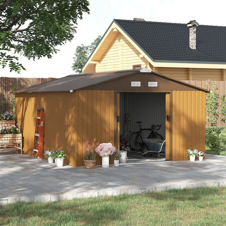 Brown Metal Outdoor Storage Shed with Windows and Kit