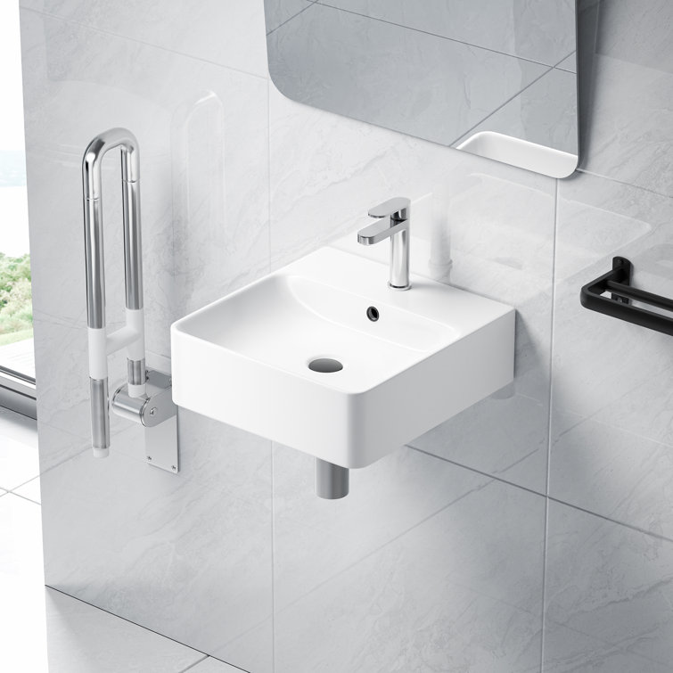 Crisp White Ceramic Square Wall-Mount Bathroom Sink with Overflow