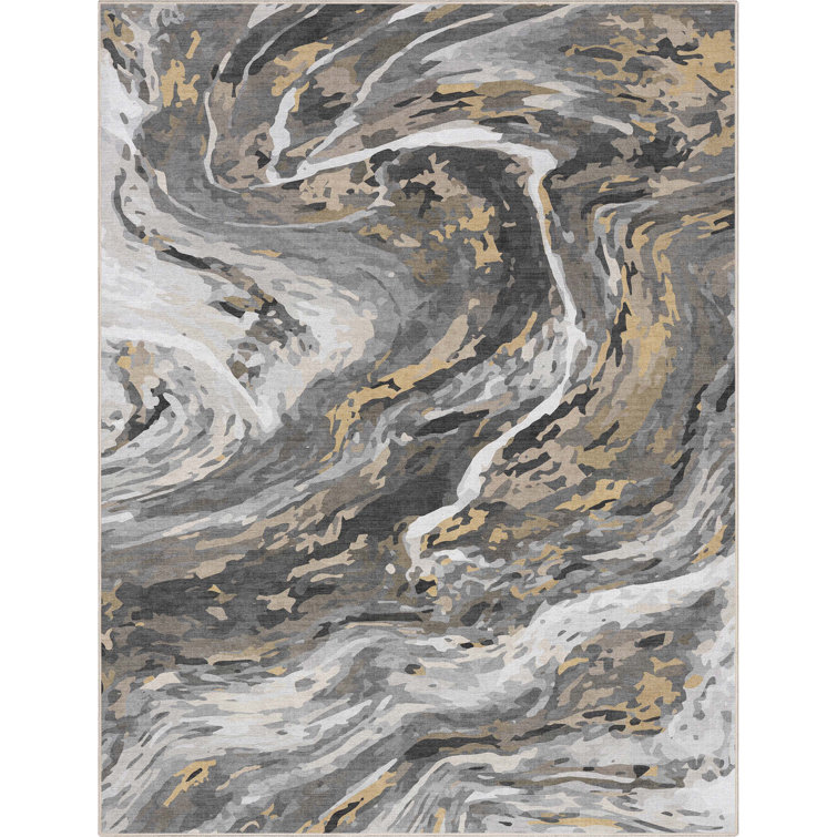 Gray Gold Abstract Marble Flat-Weave Area Rug 9'10" x 13'