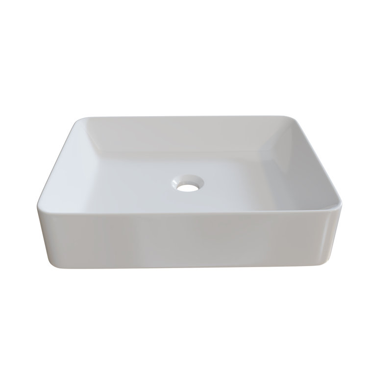 Glossy White Ceramic Rectangular Above-Counter Vessel Sink