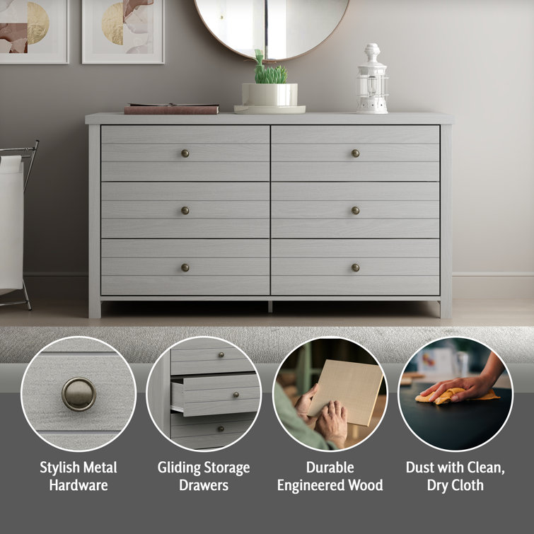 Rustic Gray Coastal Farmhouse 6-Drawer Wood Dresser