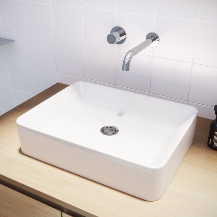 Glossy White Ceramic Rectangular Above-Counter Vessel Sink