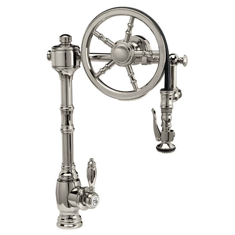 Distressed Antique Pewter Pulldown Kitchen Faucet with Wheel Design