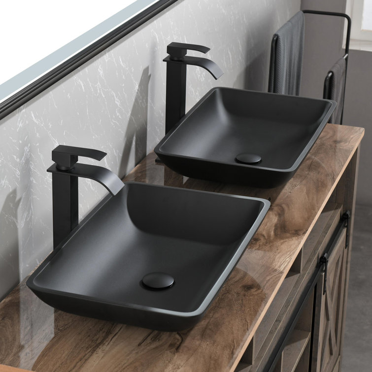 Matte Black Rectangular Glass Vessel Sink with Faucet and Drain
