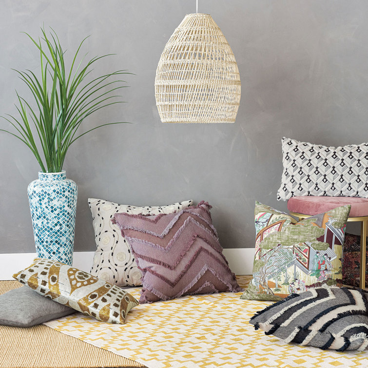 Sand Beige Chevron Pattern Decorative Pillow with Fringe