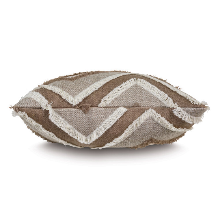Sand Beige Chevron Pattern Decorative Pillow with Fringe