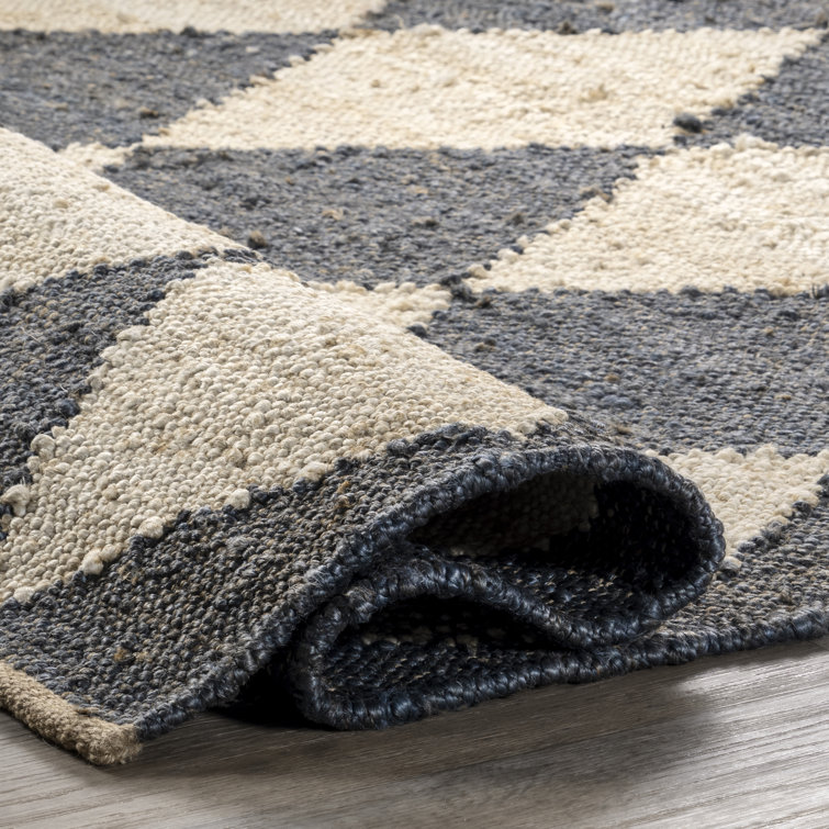 Charcoal and Beige Diamond Pattern Flat Woven Jute Rug, 8' x 10'
