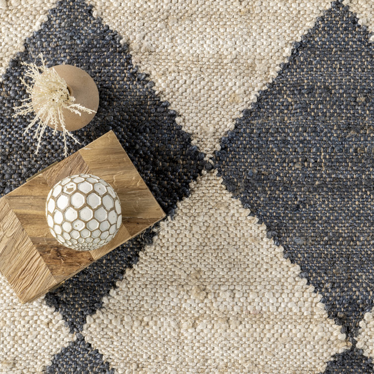 Charcoal and Beige Diamond Pattern Flat Woven Jute Rug, 8' x 10'