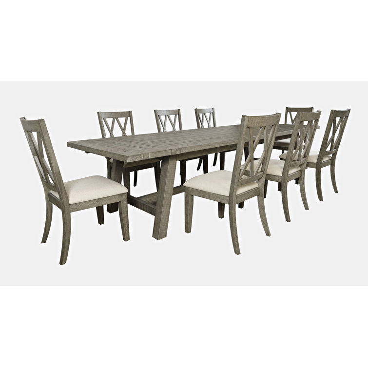 Gray Pine Extendable Trestle Dining Set with 8 Chairs