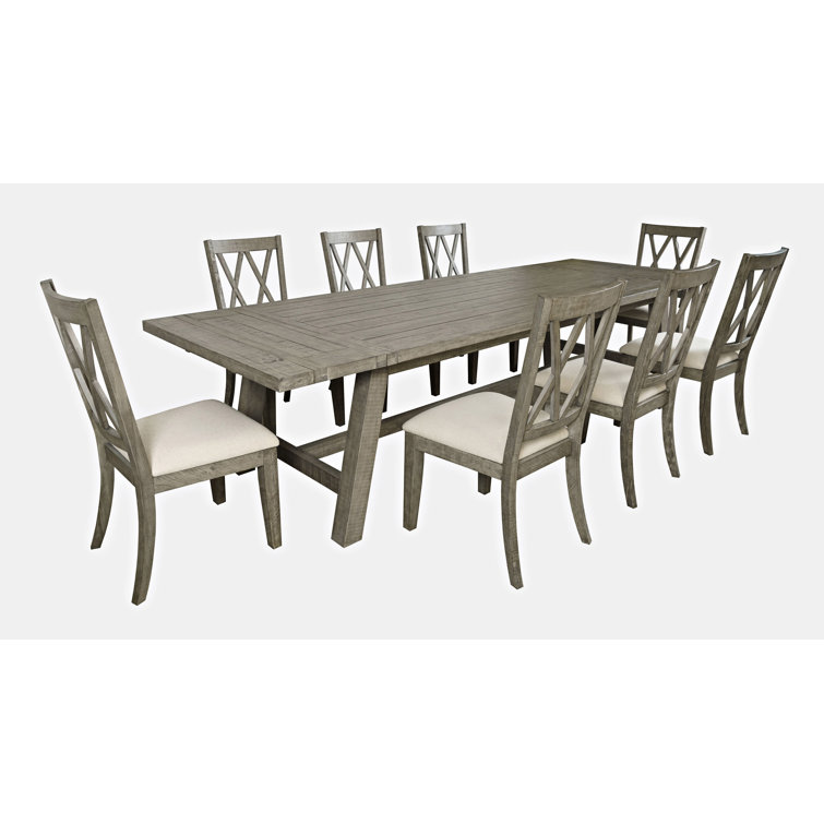 Gray Pine Extendable Trestle Dining Set with 8 Chairs