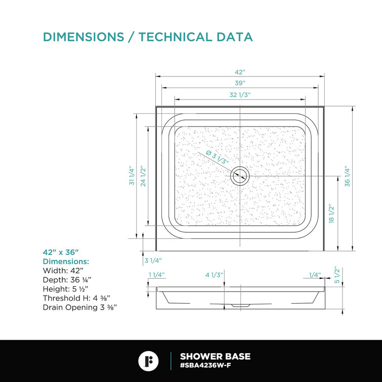 42" x 36" White Acrylic Single Threshold Shower Base
